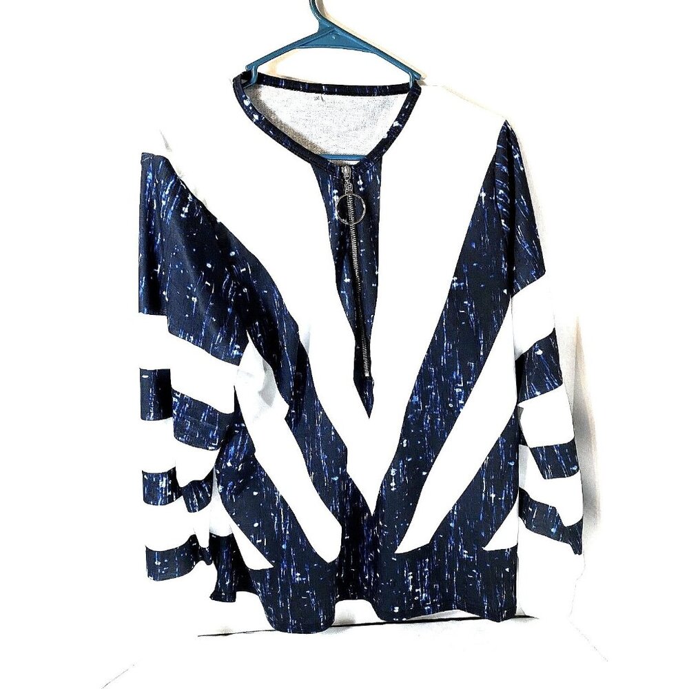 Womens Colorblock Sequin White/Blue Basic Long Sleeve Zipper Front Loose Blouse